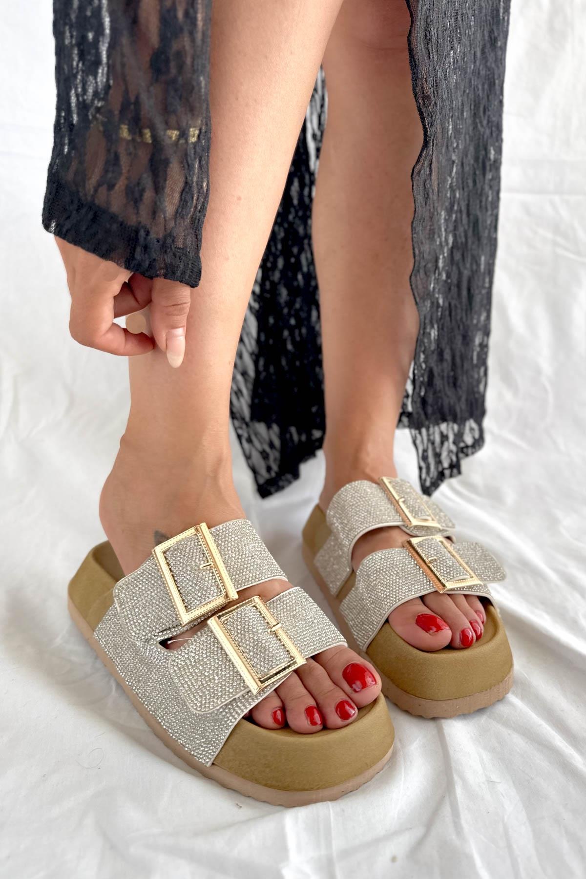 Shiny Gümüş Taşlı Mantar Taban Kadın Terlik