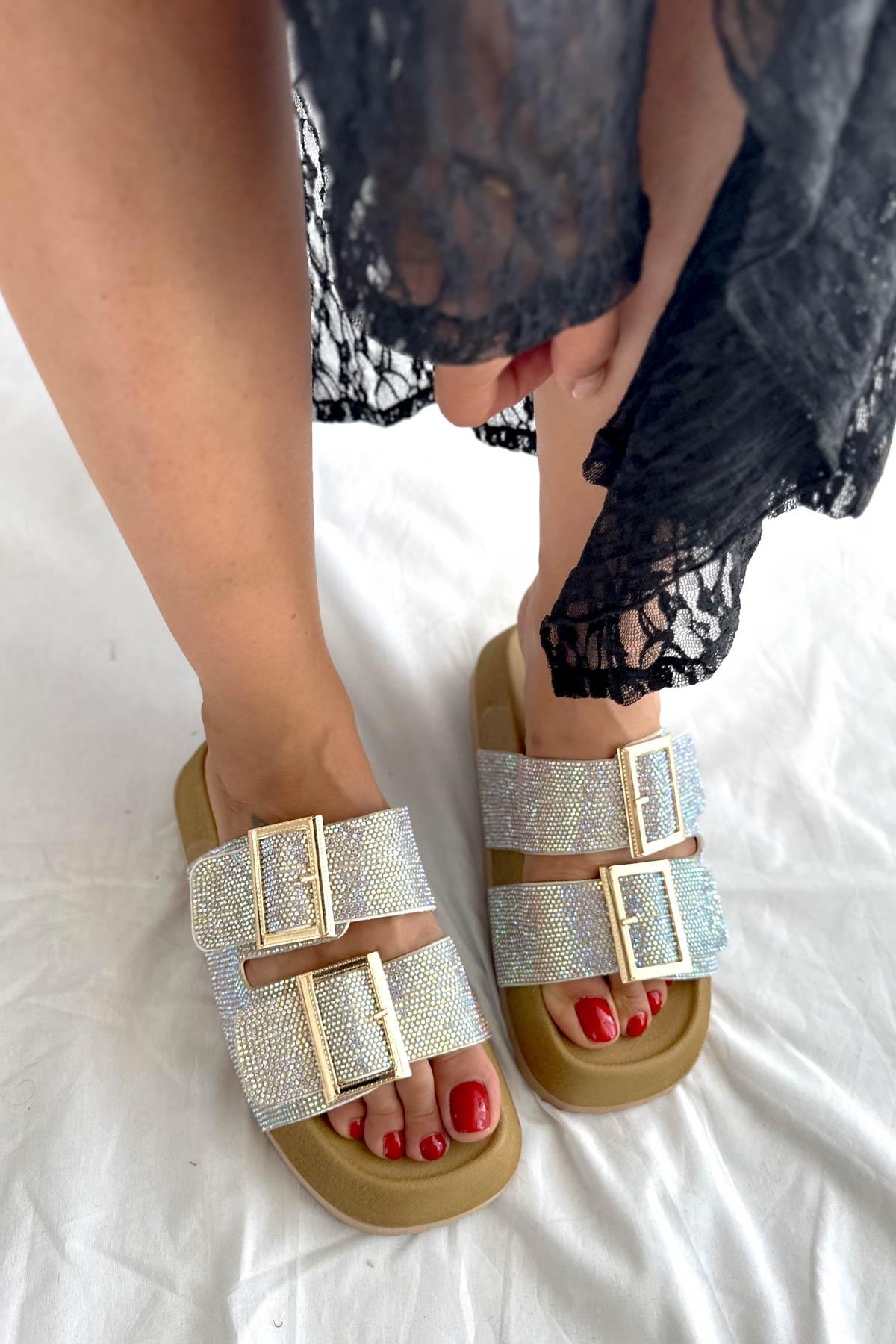 Shiny Jan Jan Taşlı Mantar Taban Kadın Terlik