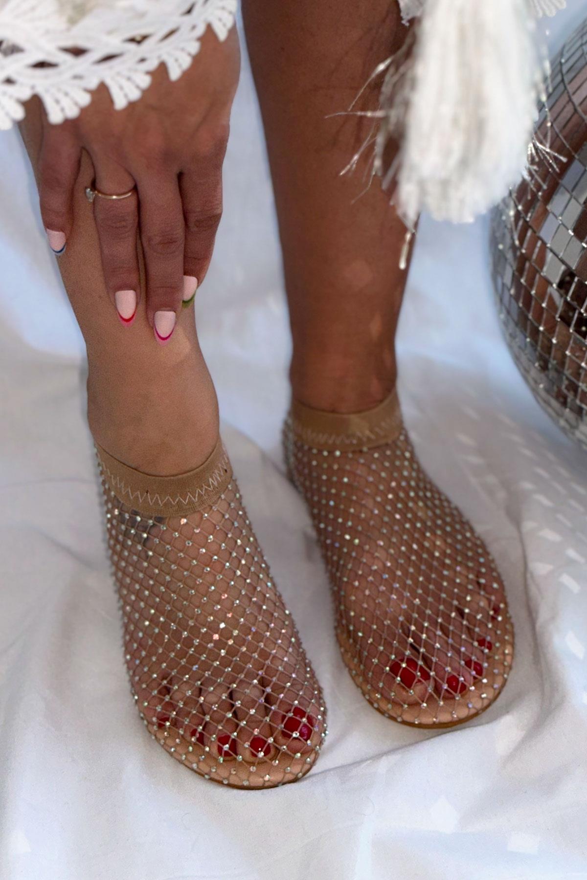 Space Bej File Taşlı Babet