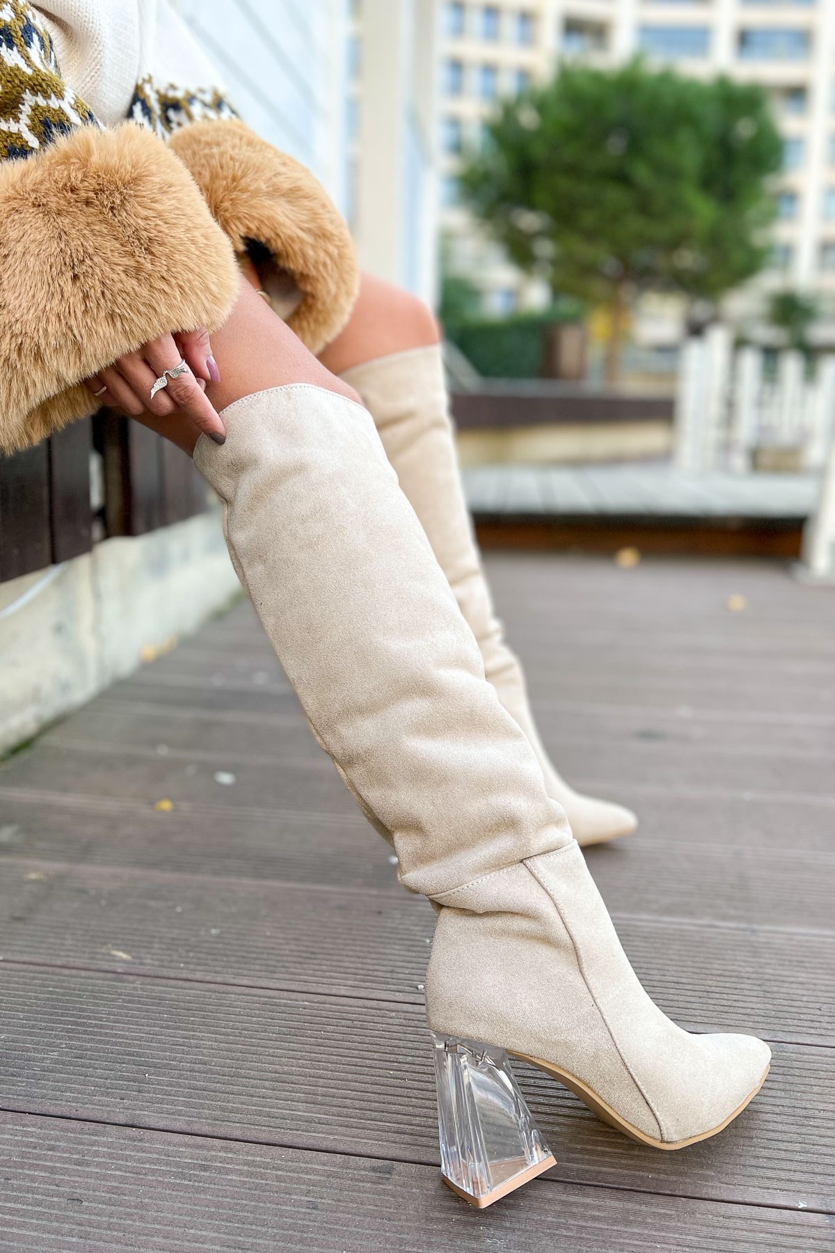 Suede Boots Thigh High Clear Heel Boots Romance Beige Suede