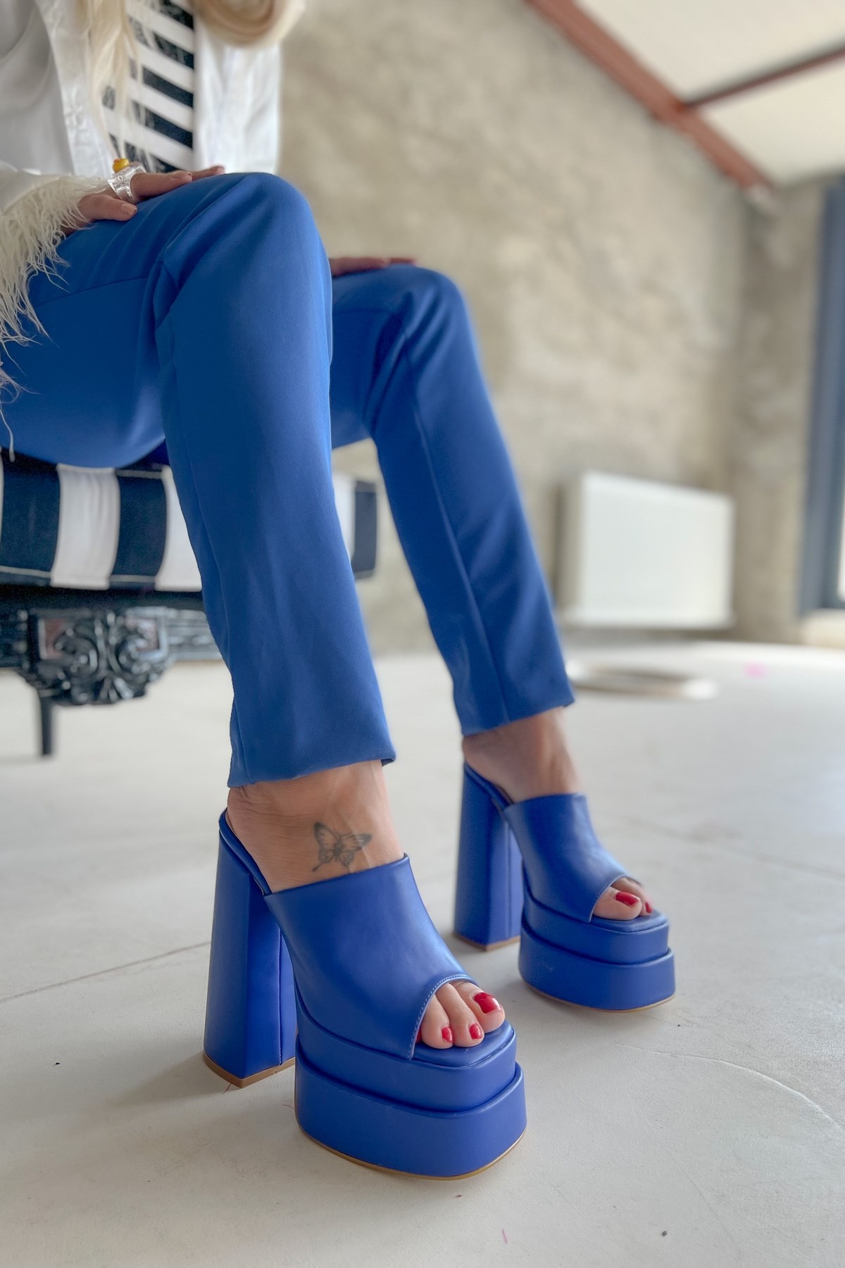 Satellite Blue Leather Platform Slippers