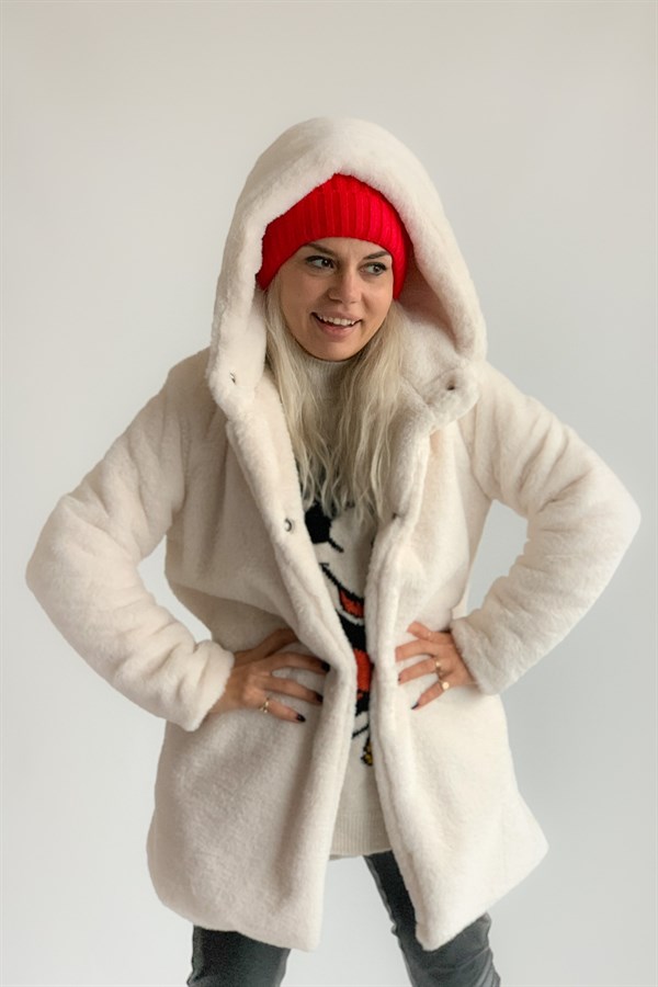 Rabbit Ecru Colored Plush Furry With Hood