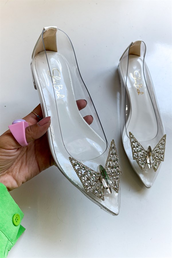 Sweet White Patent Leather Transparent Flat Shoes With Stony