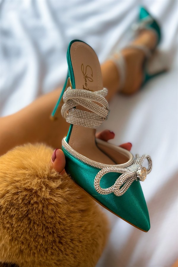 Anita Green Satin Open Stilettos With Stony