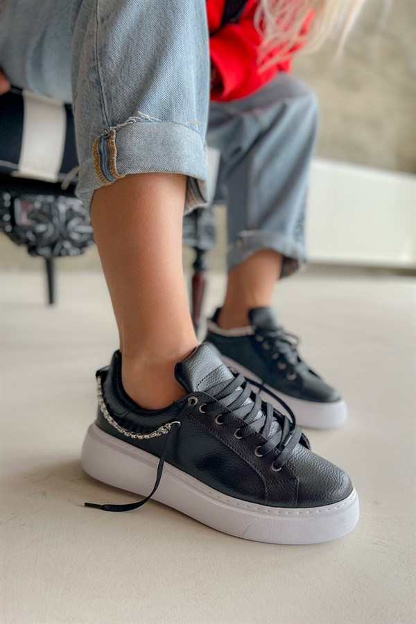 Bangle Siyah Deri Taşlı Sneakers