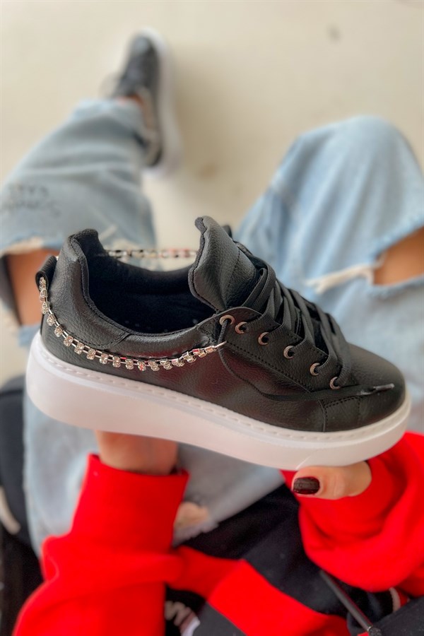 Bangle Siyah Deri Taşlı Sneakers