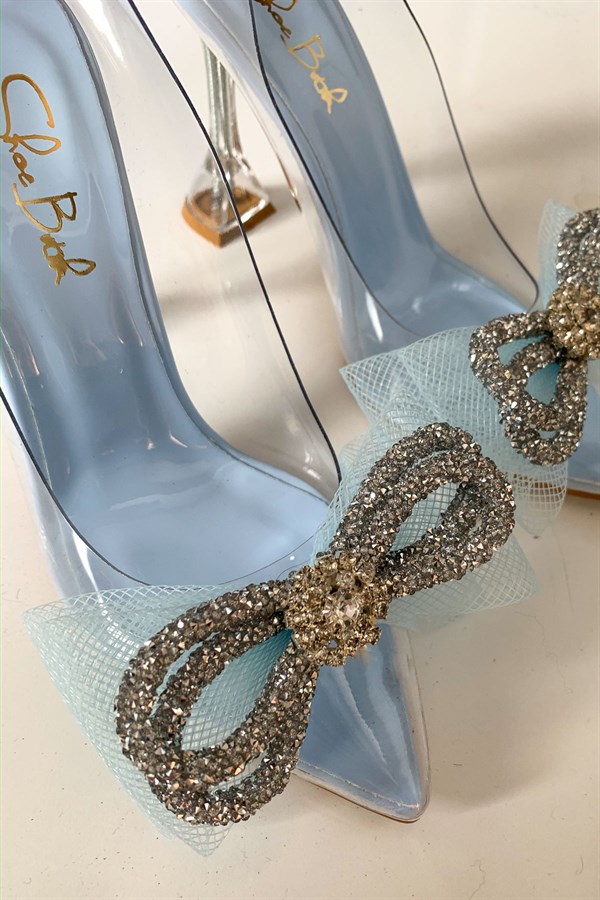 Beauty Baby Blue Patent Leather Transparent Stilettos With Ribbon