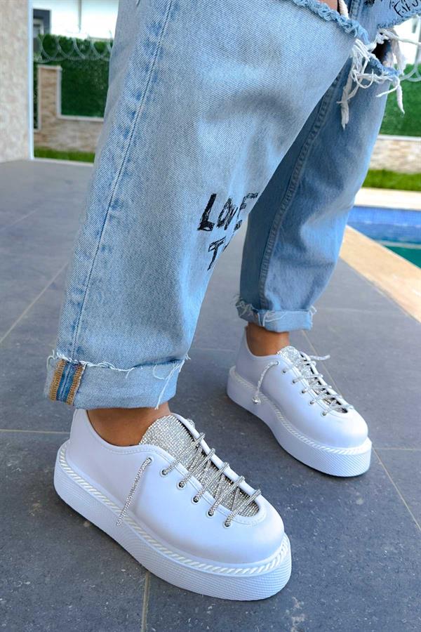Velvety Beyaz Deri Sneakers