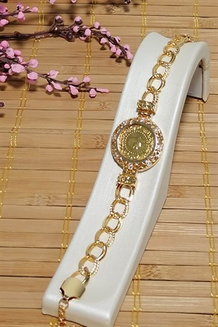 22 Ayar Çeyrekli Sonsuzluk Taşlı Zincir Kulp Altın Kaplama Bileklik