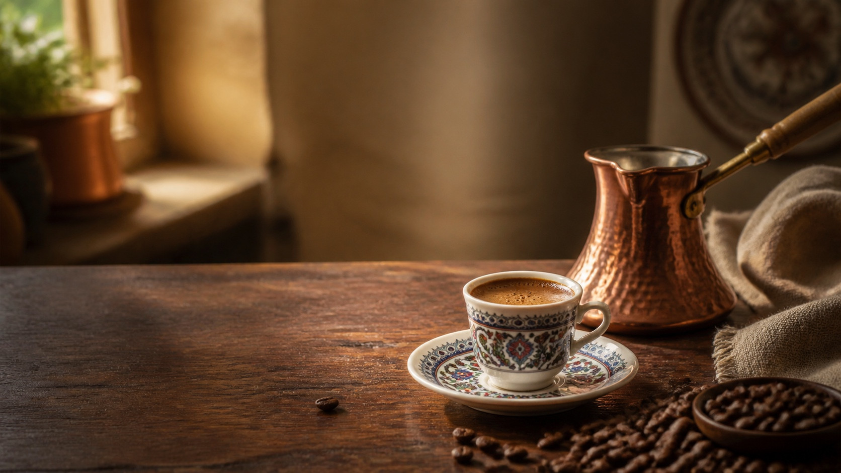 Bakır cezve ve Türk kahvesiyle hazırlanan sıcak mutfak sahnesi