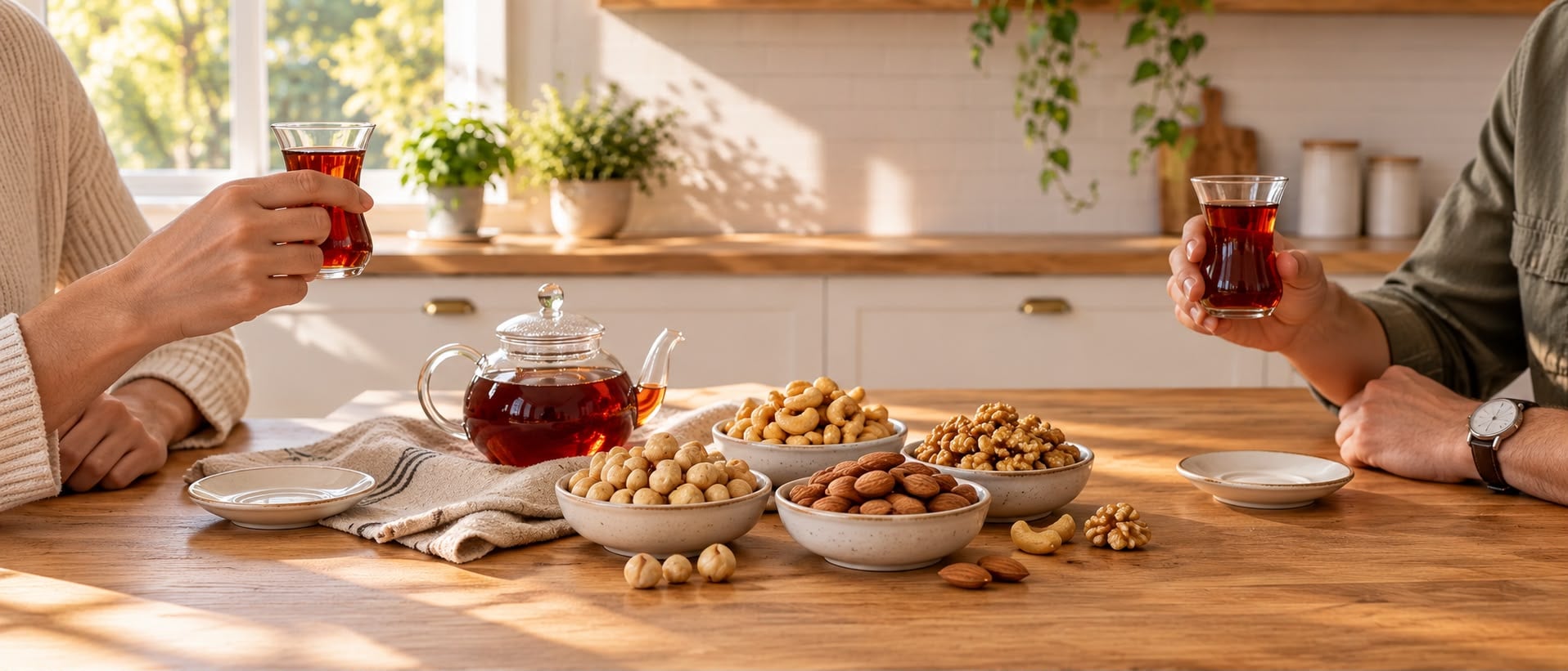 Çay sohbetinde paylaşılan badem, kaju, fındık ve ceviz