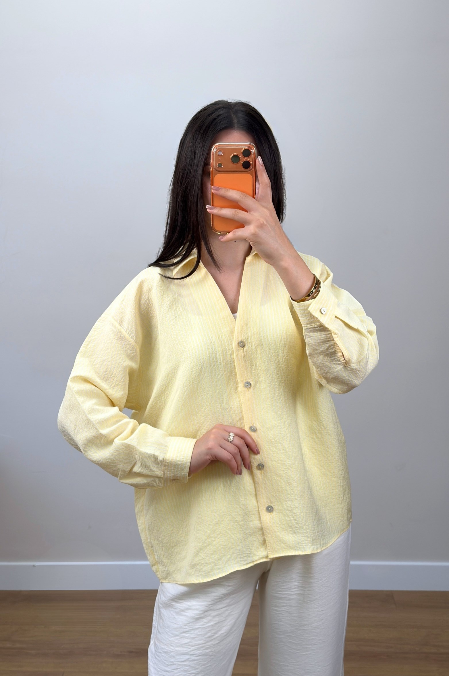 Çizgili Oversize Gömlek  Sarı