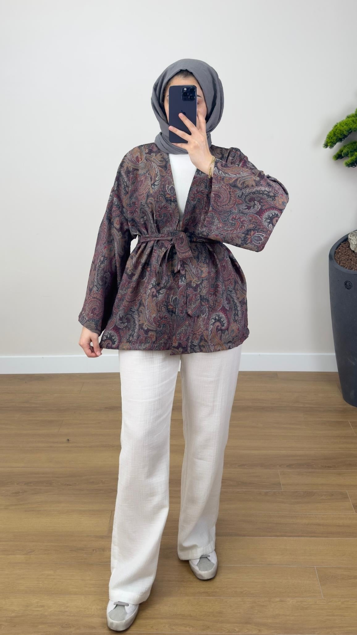 Desenli Kimono Füme 