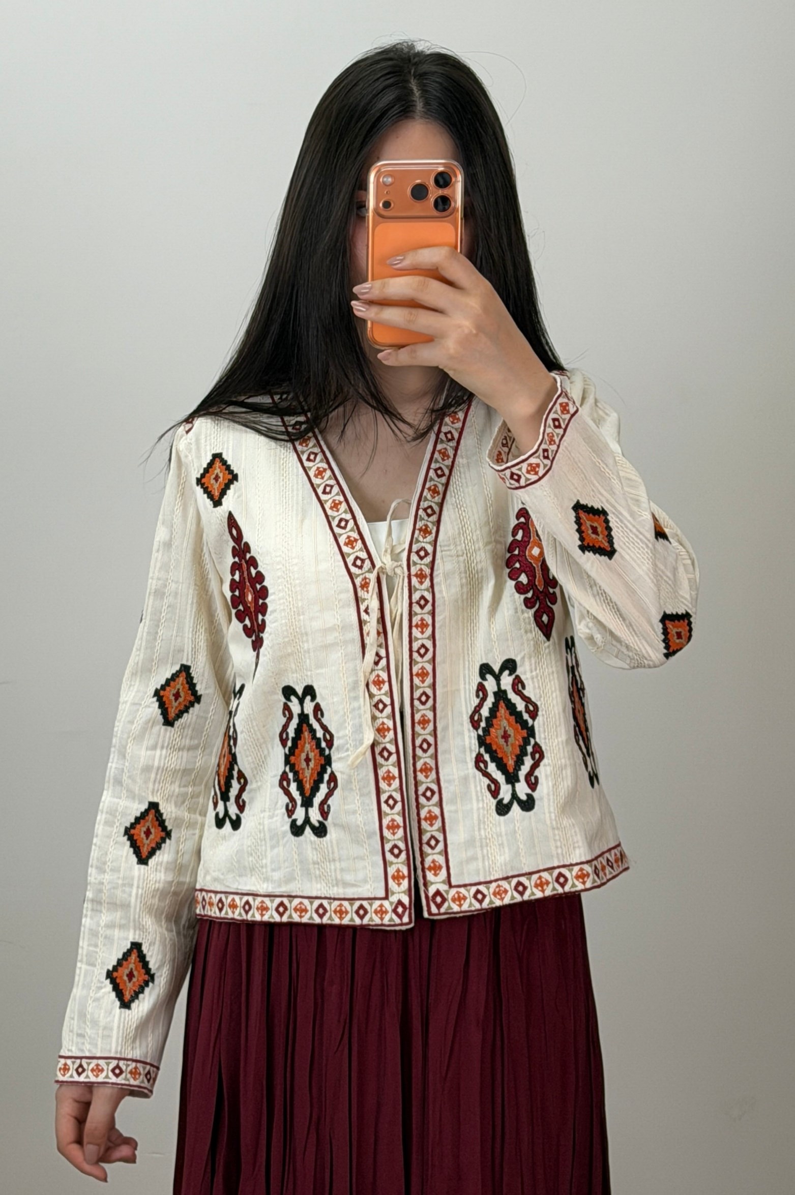 Etnik Motif İnce Ceket Bej 