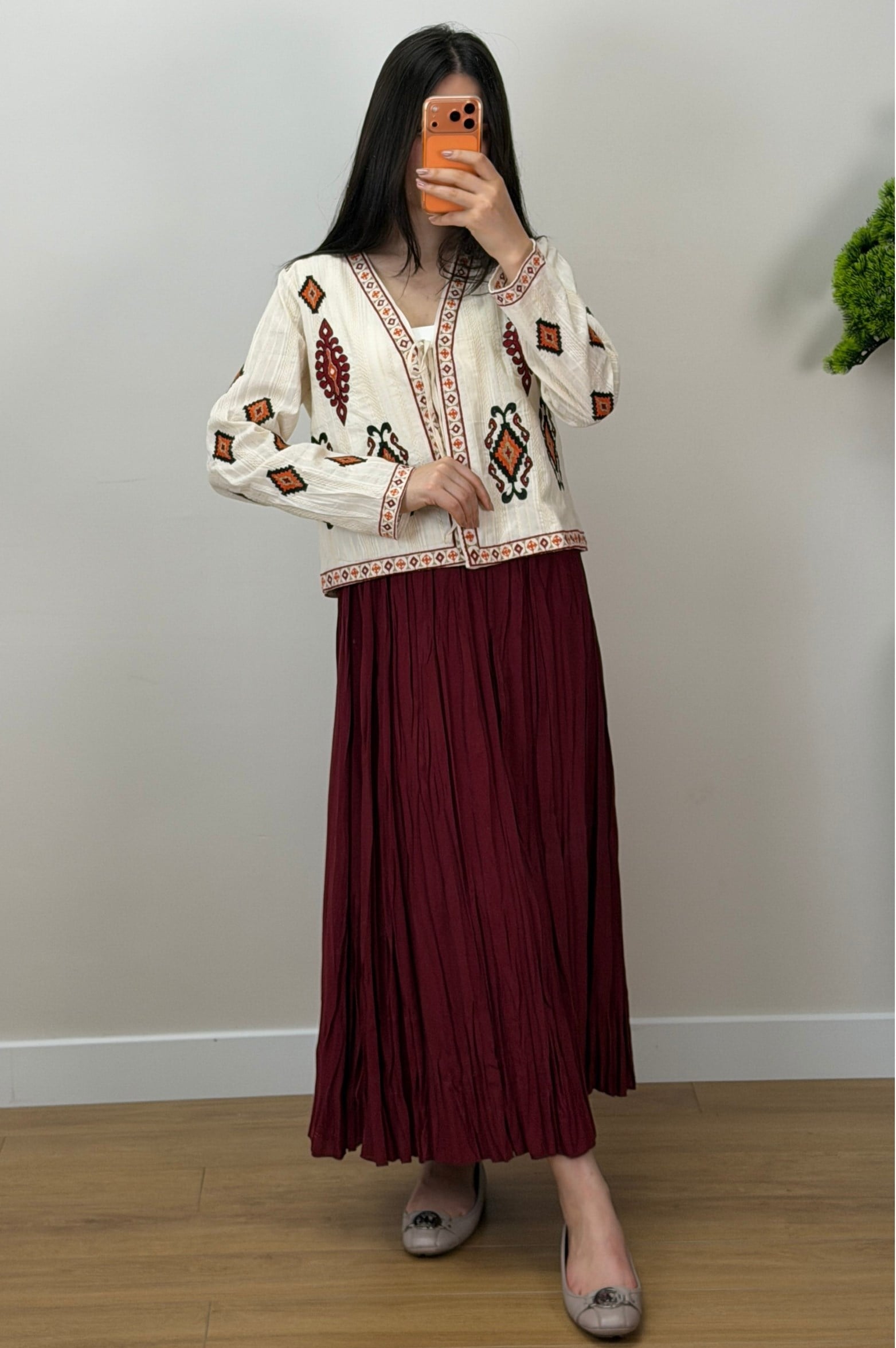 Etnik Motif İnce Ceket Bej 