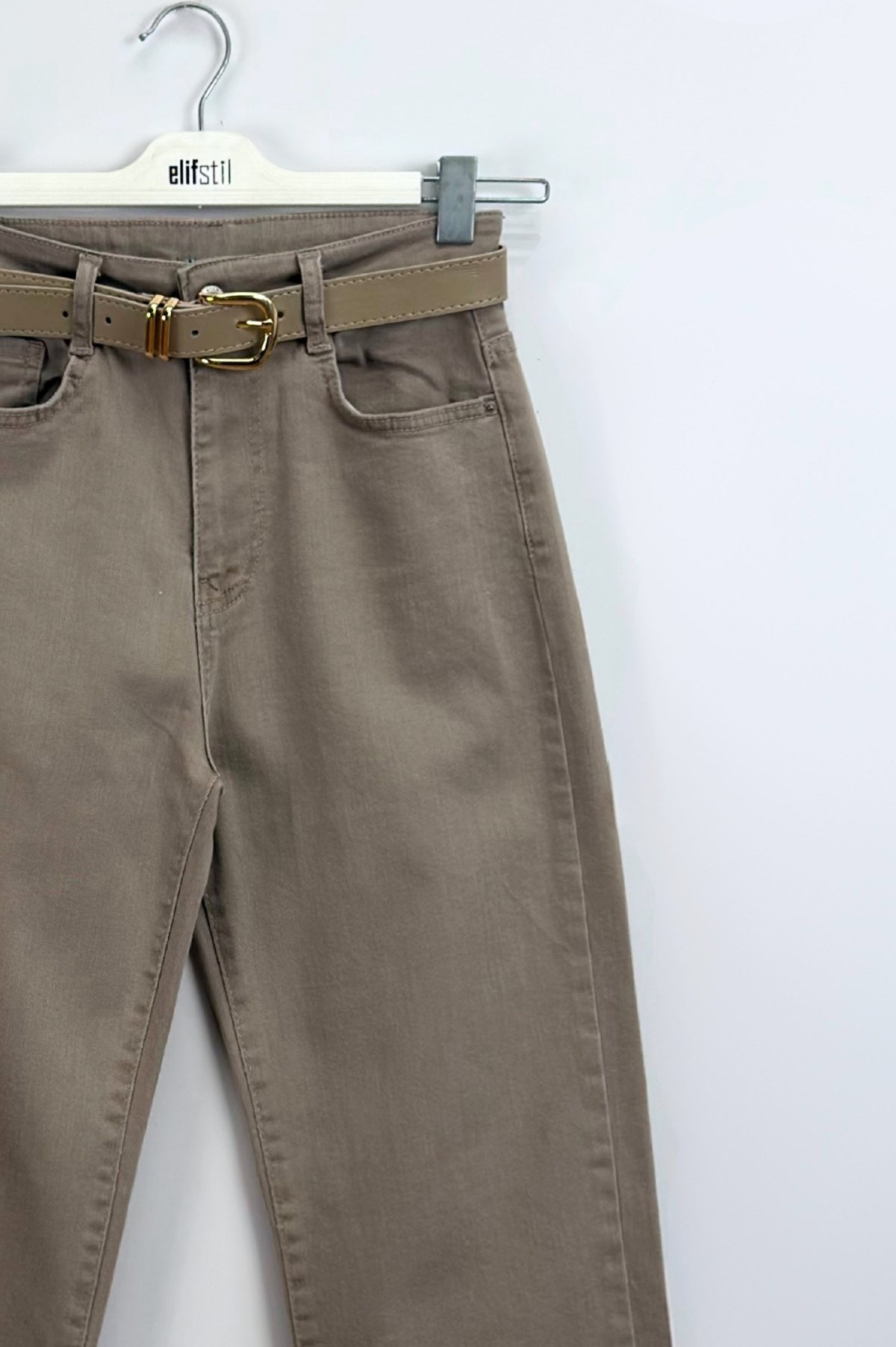Kemerli Jean Pantolon Vizon 