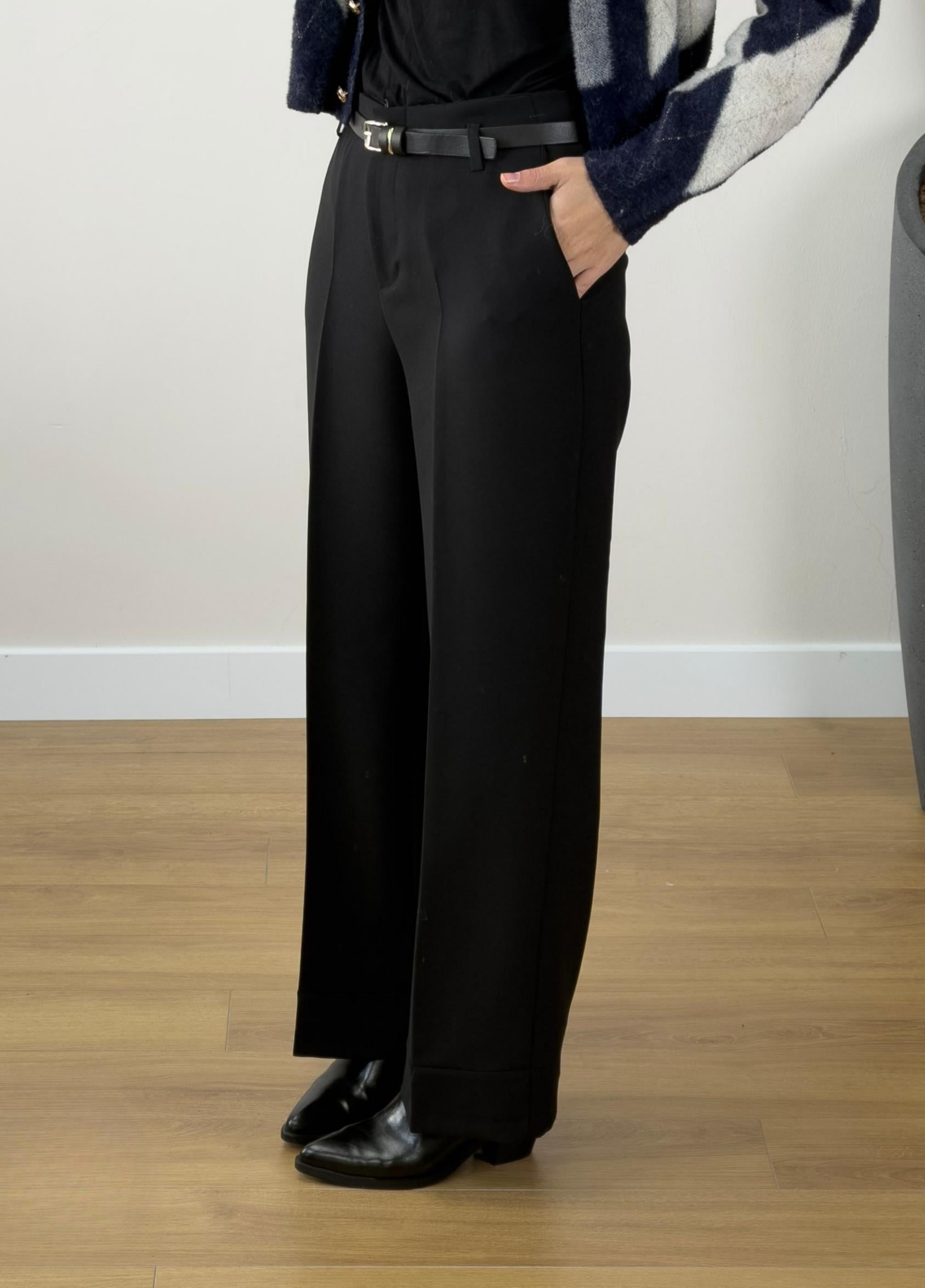Kemerli Double Paça Pantolon Siyah