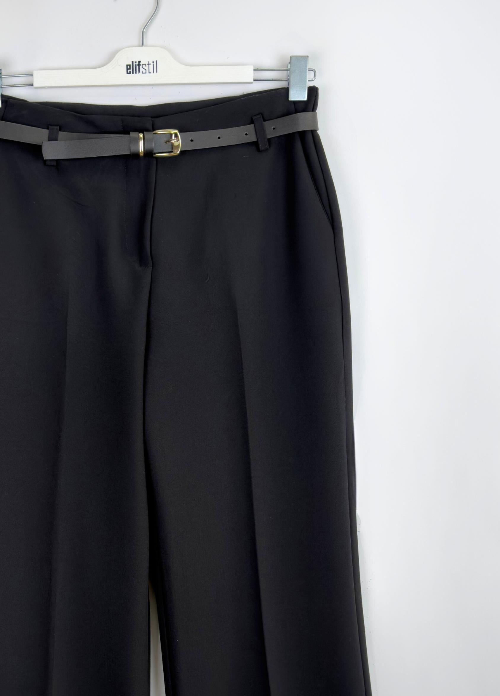 Kemerli Double Paça Pantolon Siyah