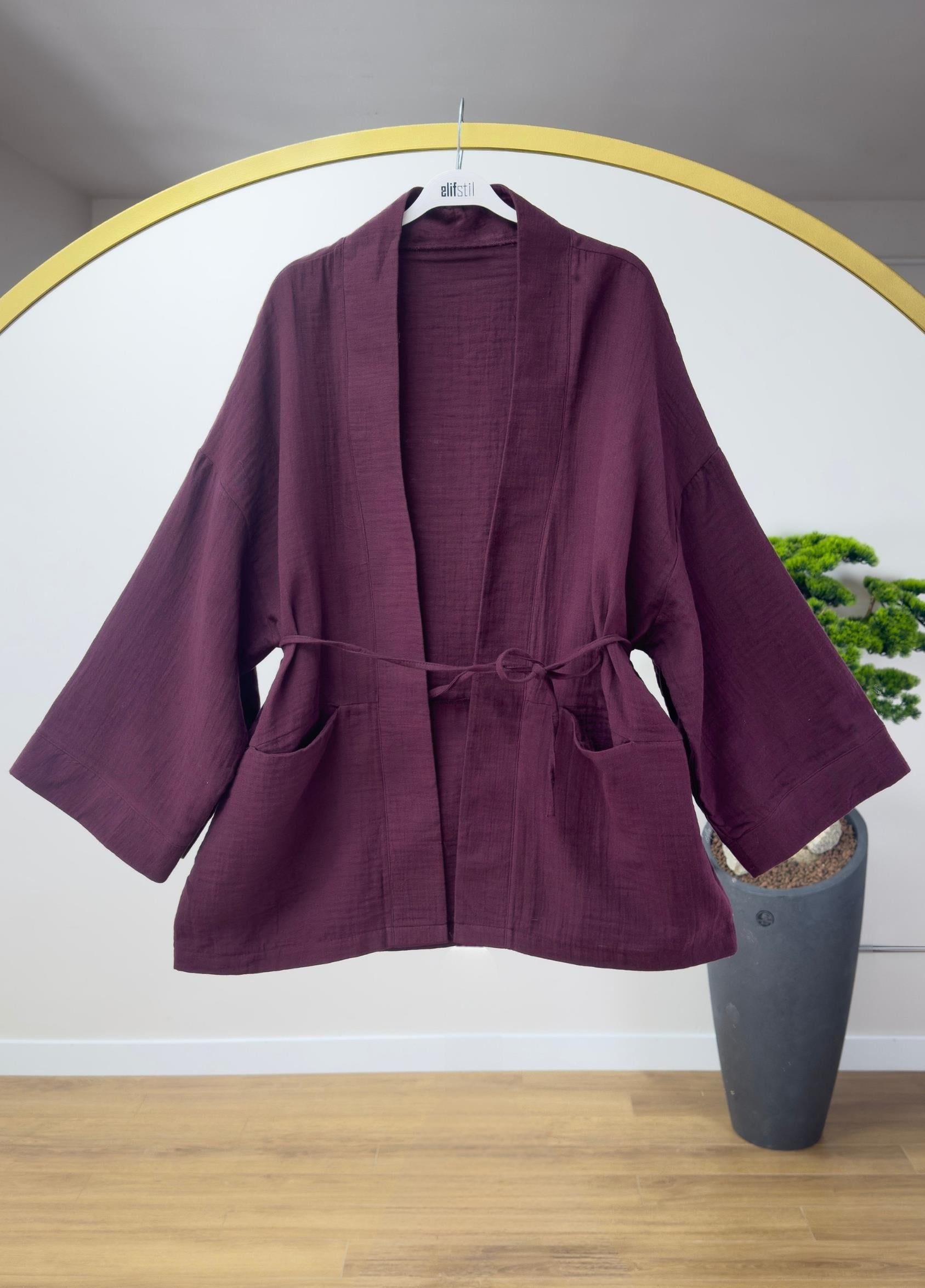 Müslin Bağlamalı Kimono Bordo 