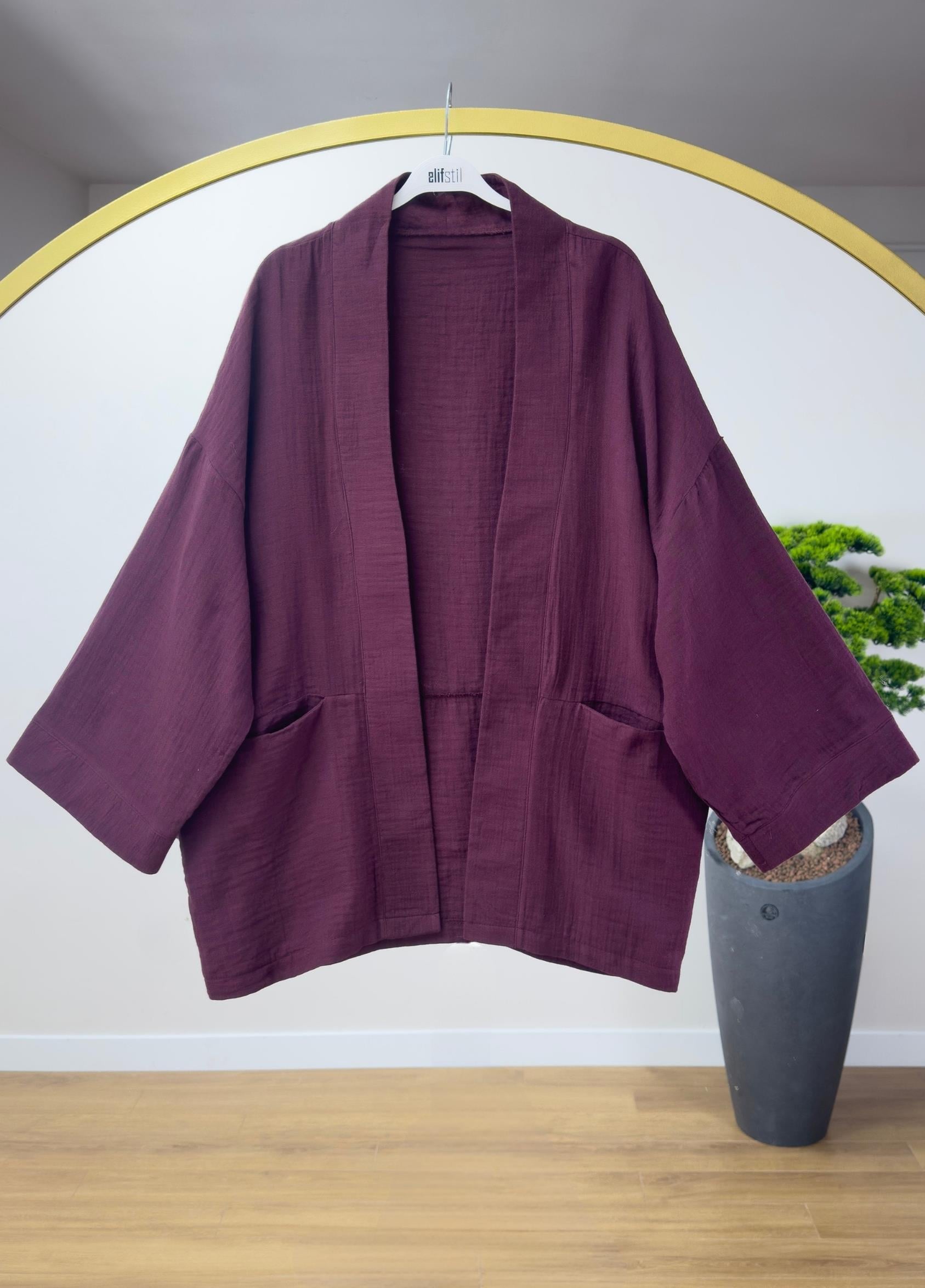 Müslin Bağlamalı Kimono Bordo 