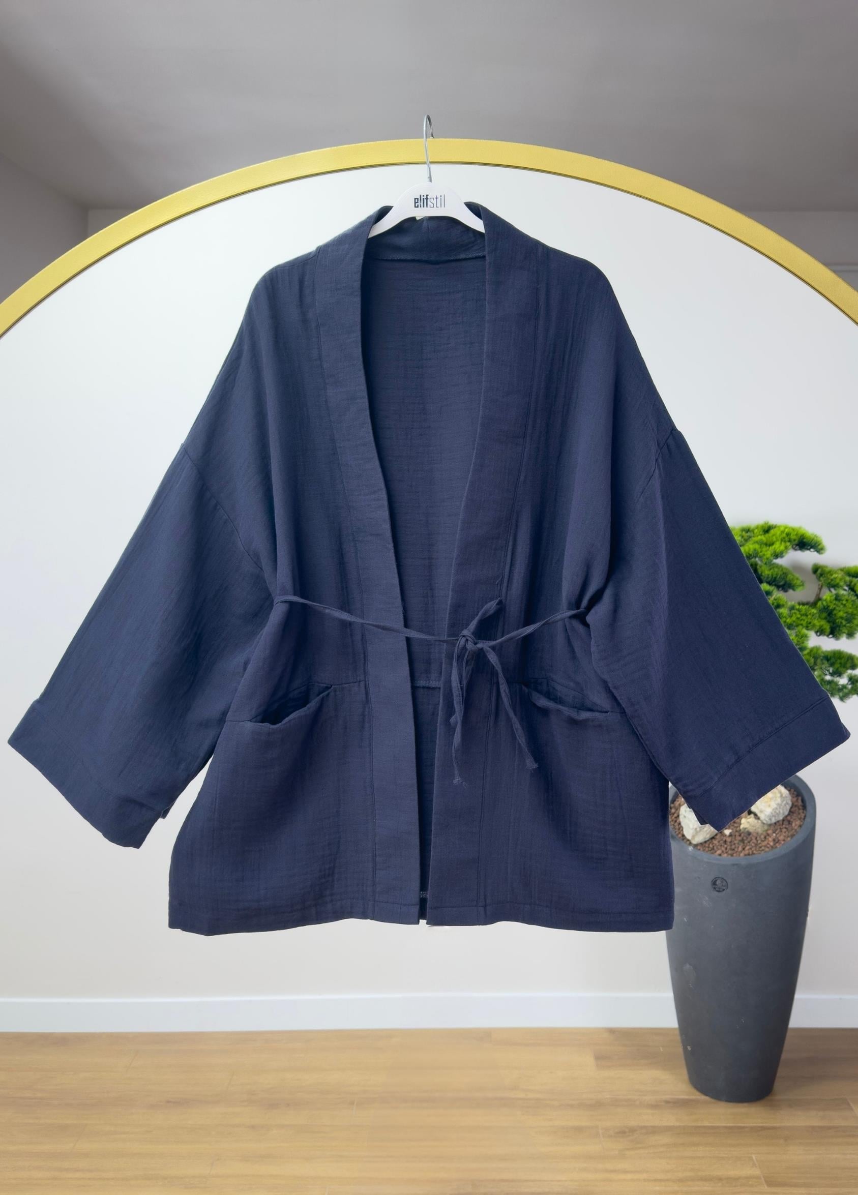 Müslin Bağlamalı Kimono Lacivert 