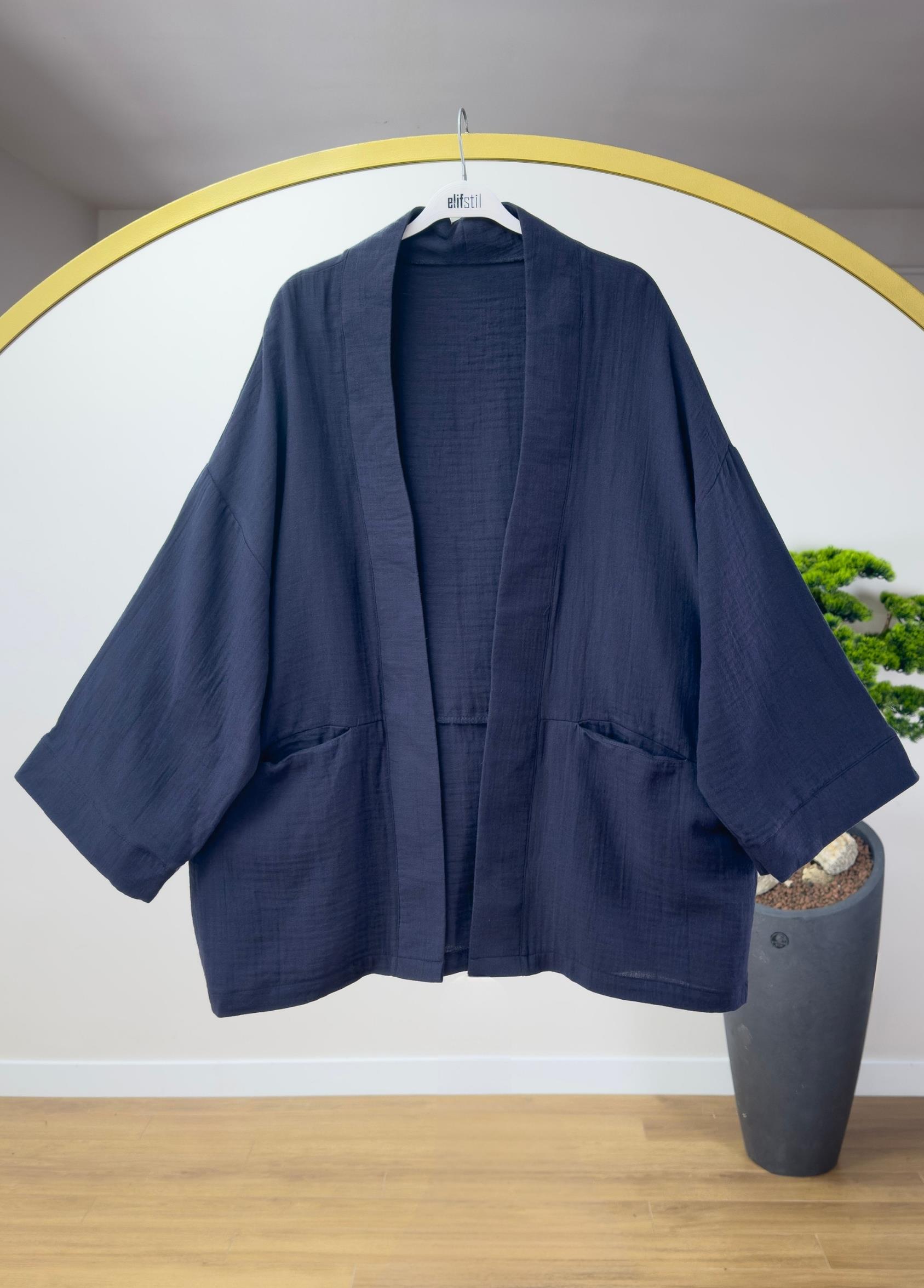 Müslin Bağlamalı Kimono Lacivert 