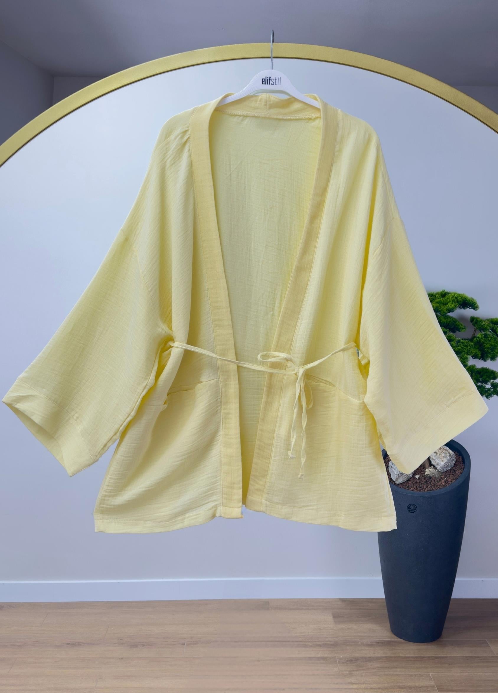 Müslin Bağlamalı Kimono Sarı 