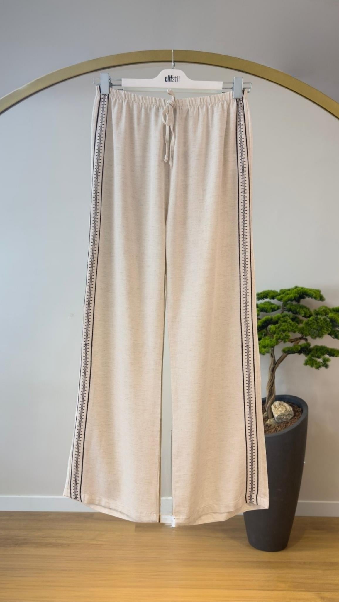 Nara Nakışlı Keten Pantolon Taş