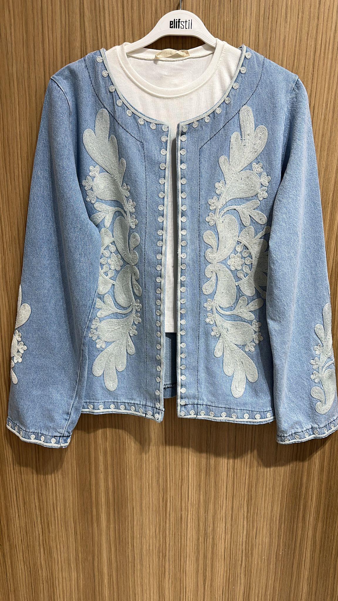 Nakışlı Kot Ceket Mavi 