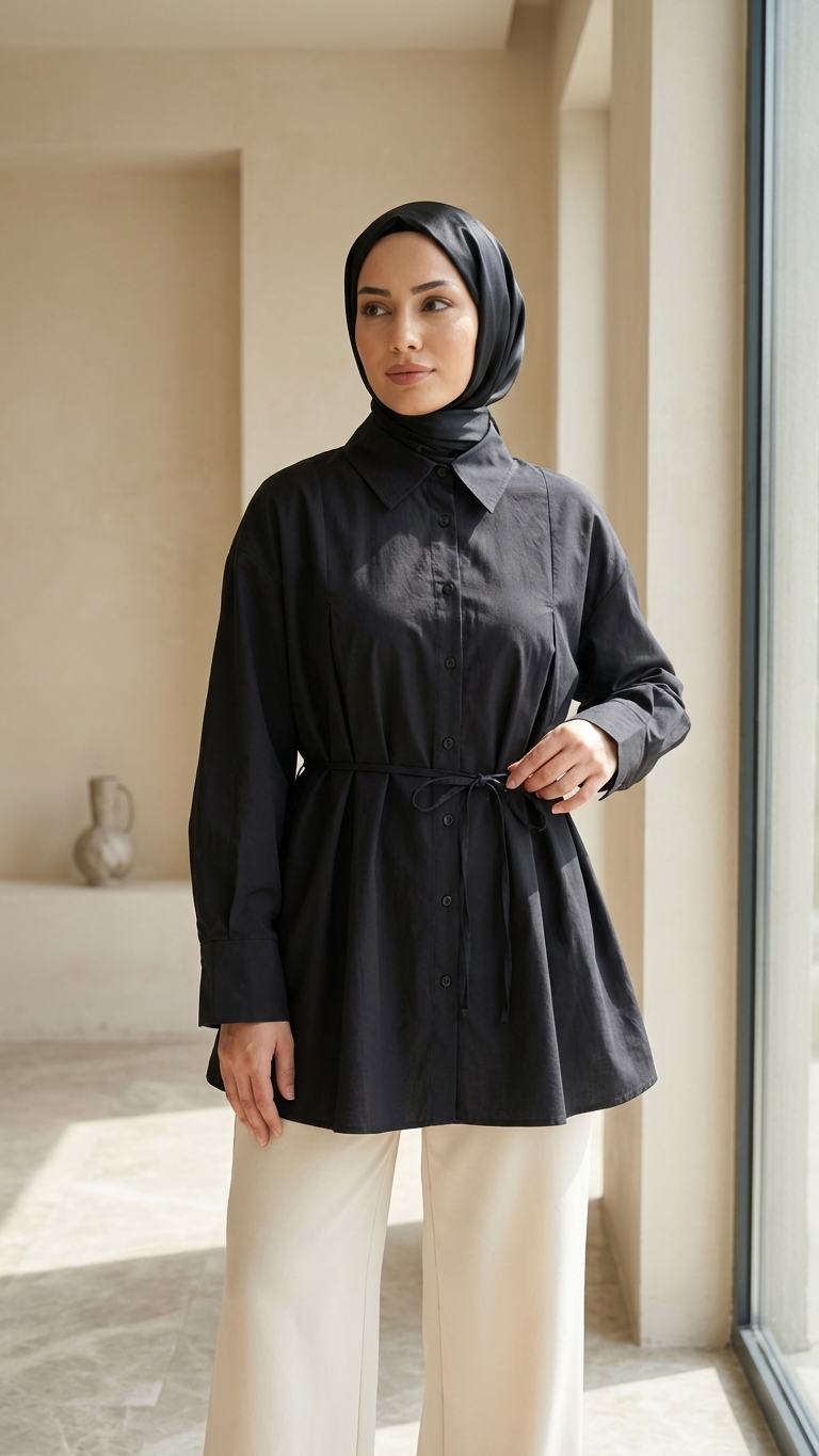 Poplin Bağlamalı Gömlek Siyah 