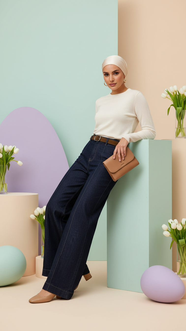 Premium Kemerli Palazzo Jean  Koyu Mavi  