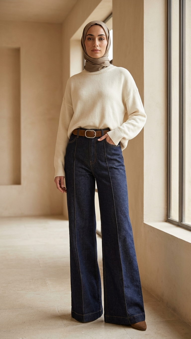 Premium Kemerli Palazzo Jean  Koyu Mavi  