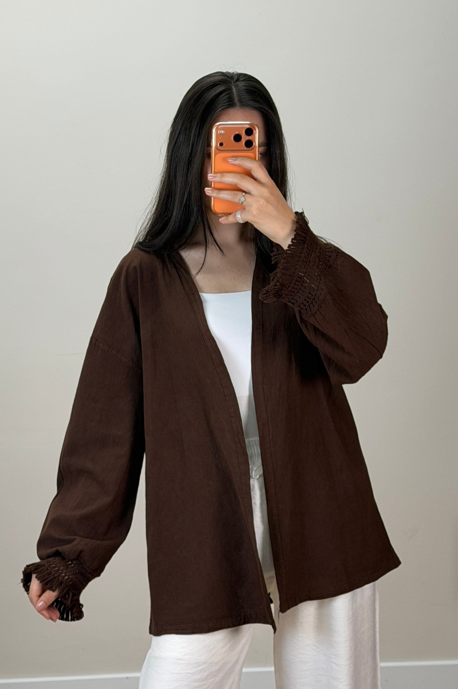 Püskül Detay Keten Kimono Kahve