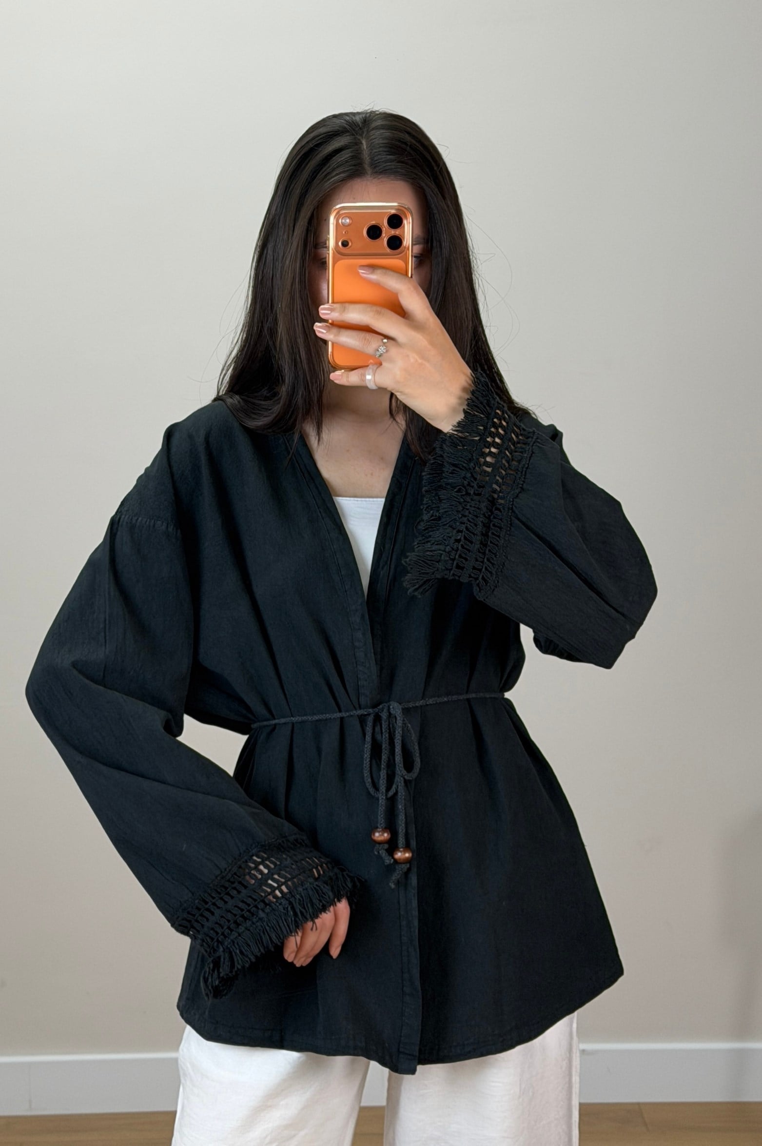 Püskül Detay Keten Kimono Siyah