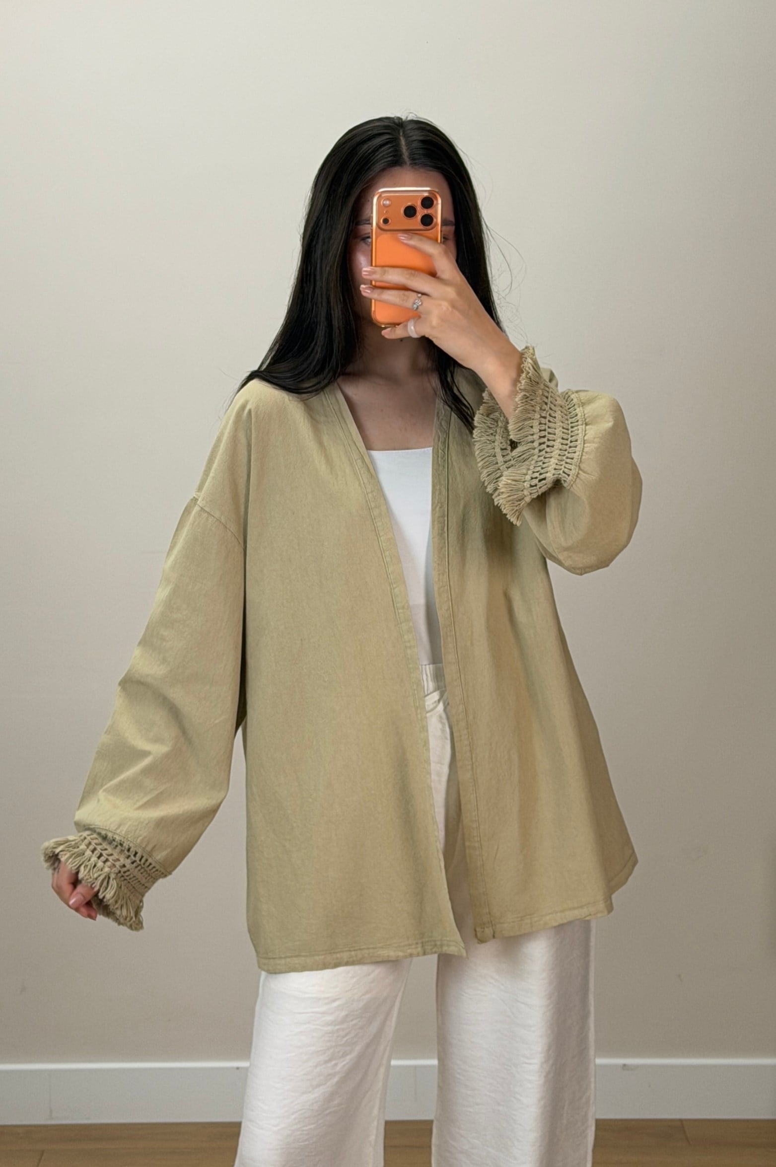 Püskül Detay Keten Kimono Vizon