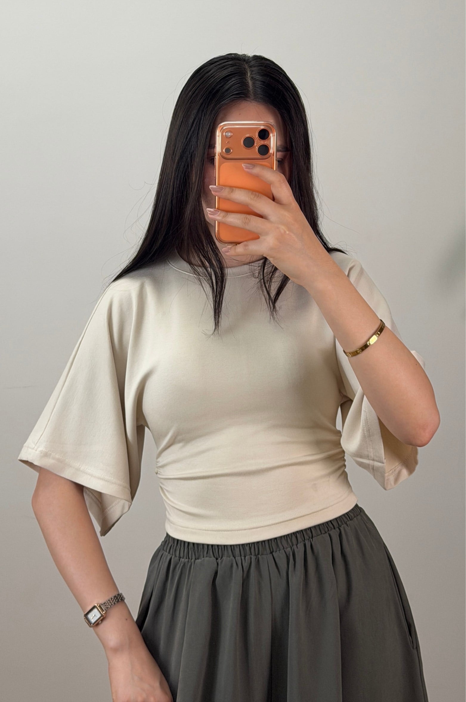 Yanı Büzgülü Body Bej 