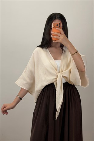 Bağlamalı Kısa Kimono Bej