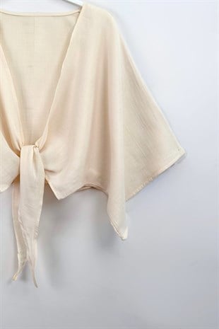 Bağlamalı Kısa Kimono Bej
