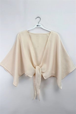 Bağlamalı Kısa Kimono Bej