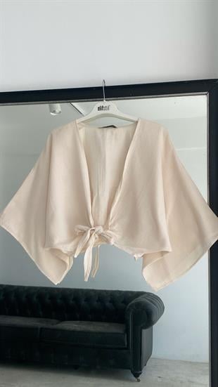 Bağlamalı Kısa Kimono Bej
