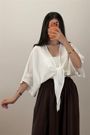 Bağlamalı Kısa Kimono Ekru