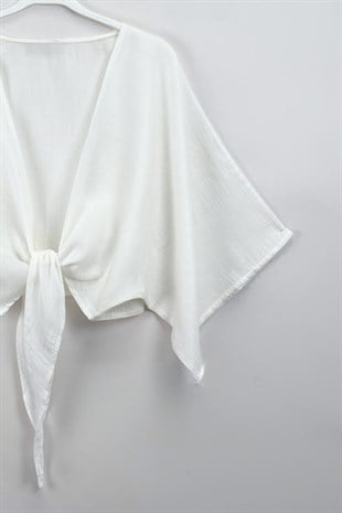 Bağlamalı Kısa Kimono Ekru