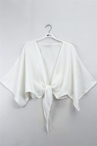 Bağlamalı Kısa Kimono Ekru