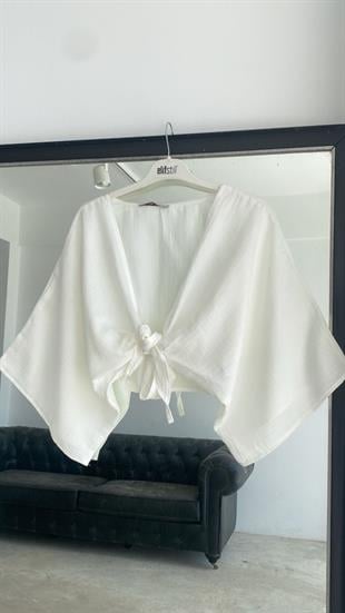 Bağlamalı Kısa Kimono Ekru