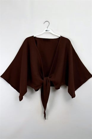 Bağlamalı Kısa Kimono Kahve