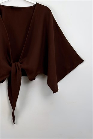 Bağlamalı Kısa Kimono Kahve