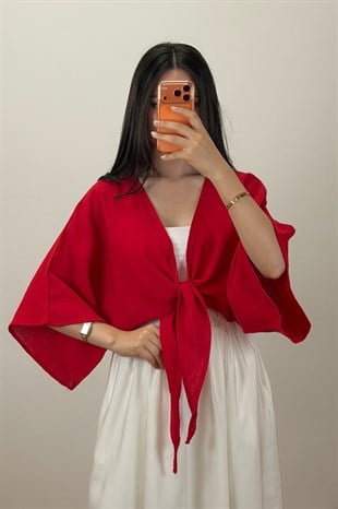 Bağlamalı Kısa Kimono Kırmızı