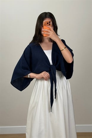 Bağlamalı Kısa Kimono Lacivert