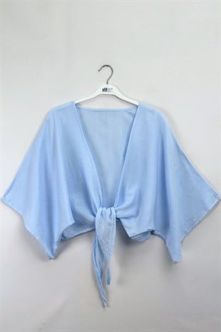 Bağlamalı Kısa Kimono mavi