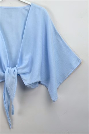 Bağlamalı Kısa Kimono mavi
